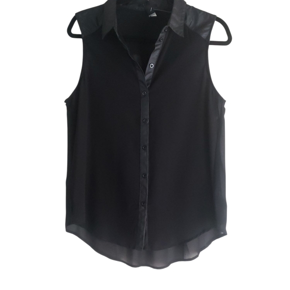 Tops - Black Semi-Sheer Sleeveless Button-Up High/Low Blouse
